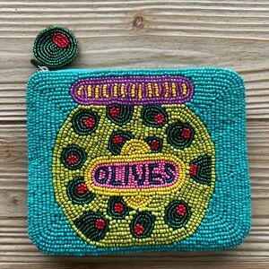 Beaded Olive Coin Pouch Turquoise Hand Beaded Zip Purse